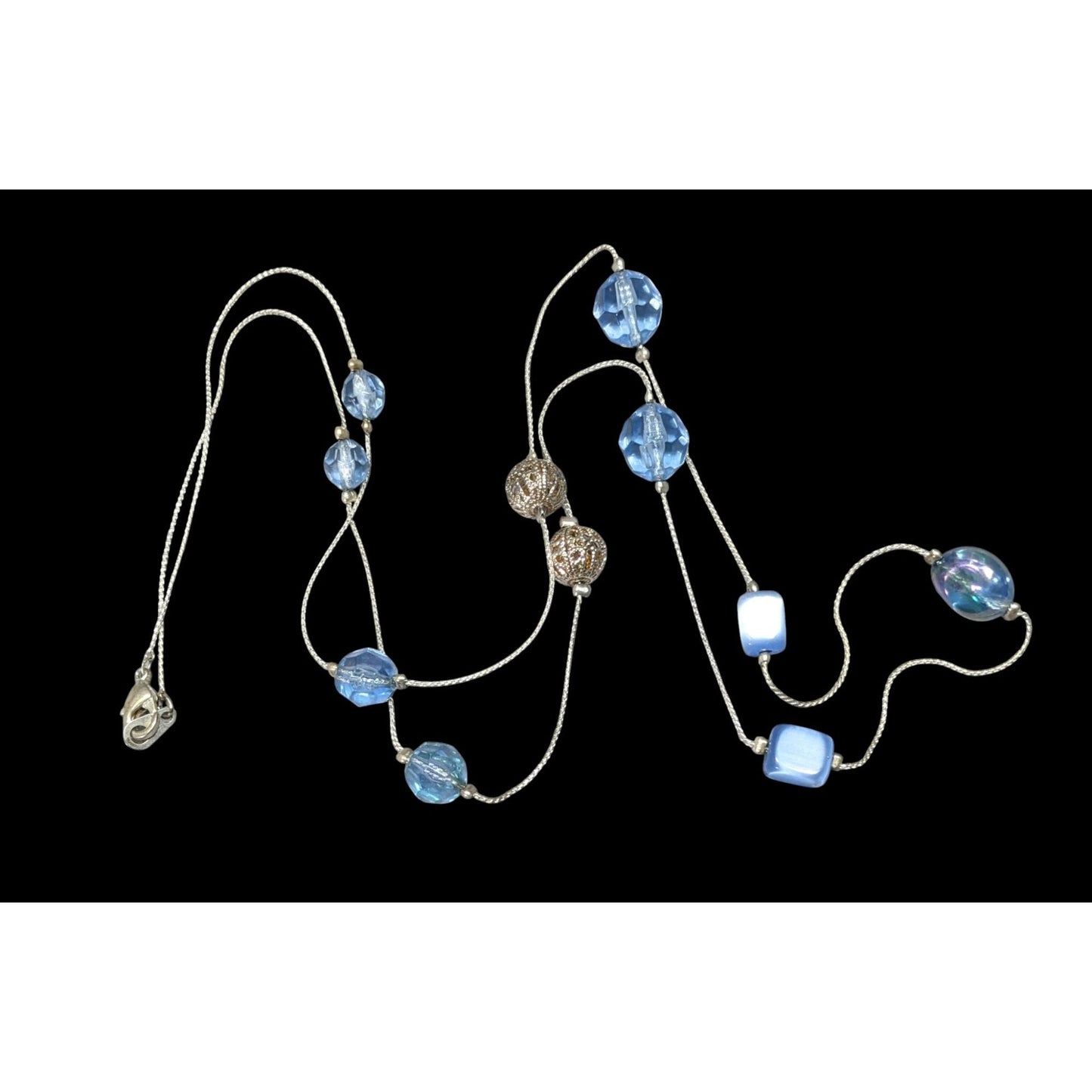 Casual Blue And Silver Tone Beaded Station Necklace