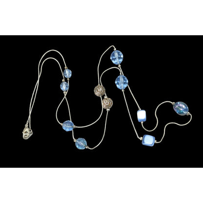 Casual Blue And Silver Tone Beaded Station Necklace