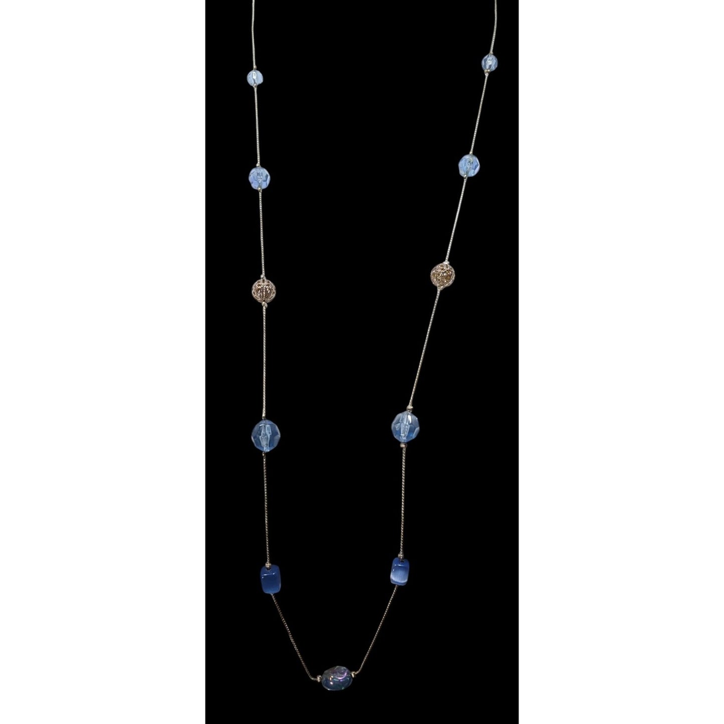 Casual Blue And Silver Tone Beaded Station Necklace