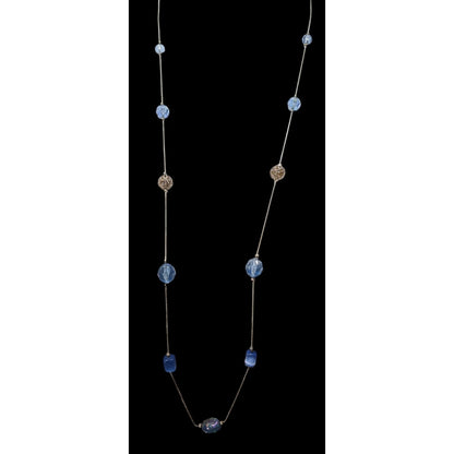 Casual Blue And Silver Tone Beaded Station Necklace