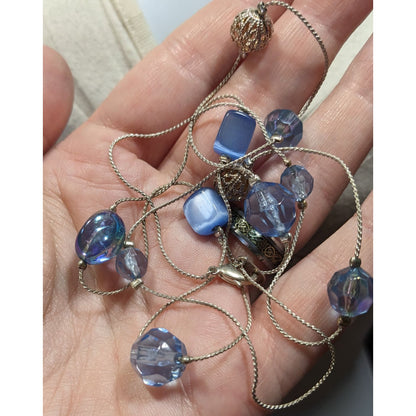 Casual Blue And Silver Tone Beaded Station Necklace