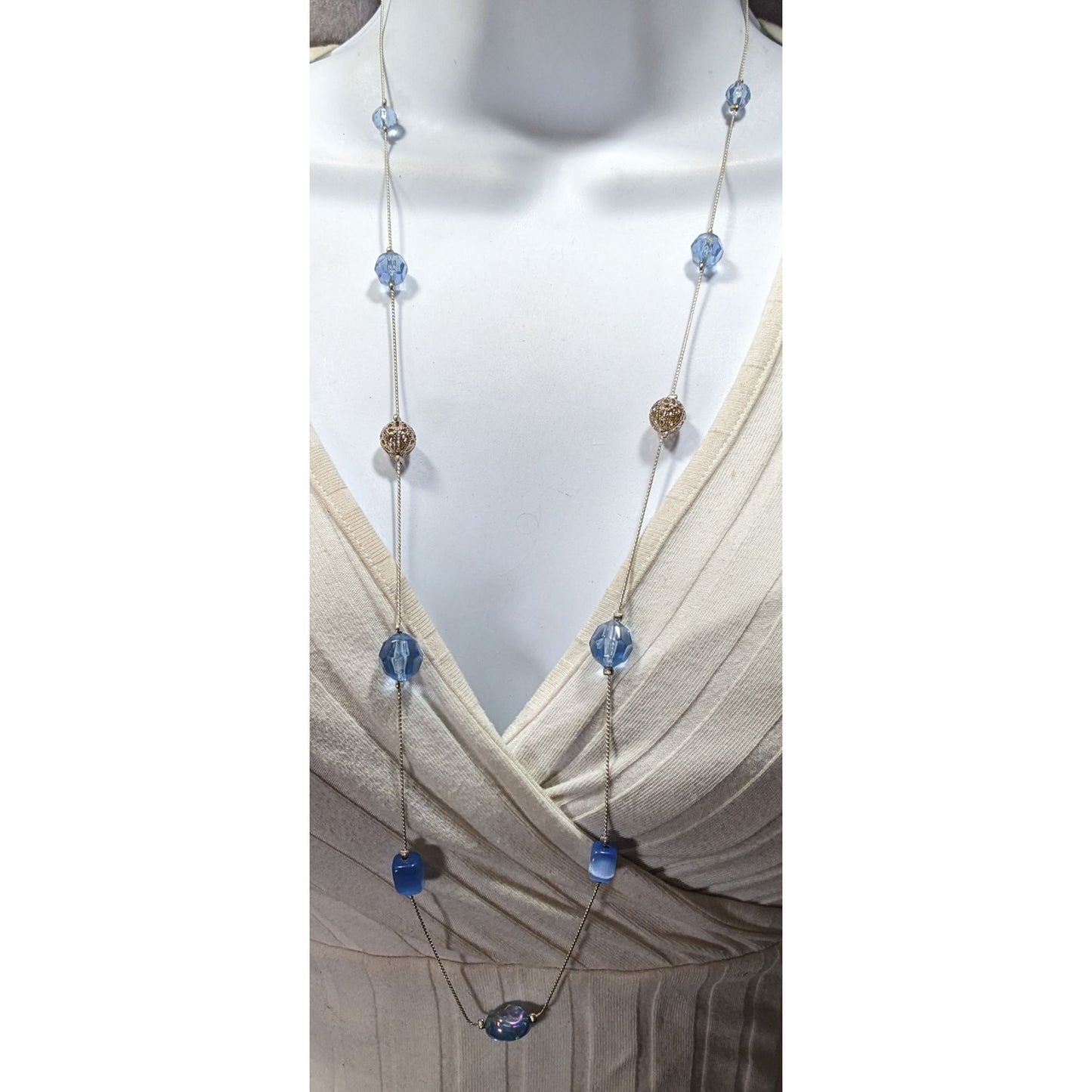 Casual Blue And Silver Tone Beaded Station Necklace