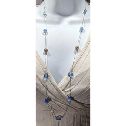 Casual Blue And Silver Tone Beaded Station Necklace