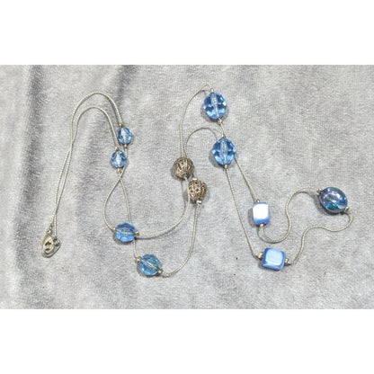 Casual Blue And Silver Tone Beaded Station Necklace