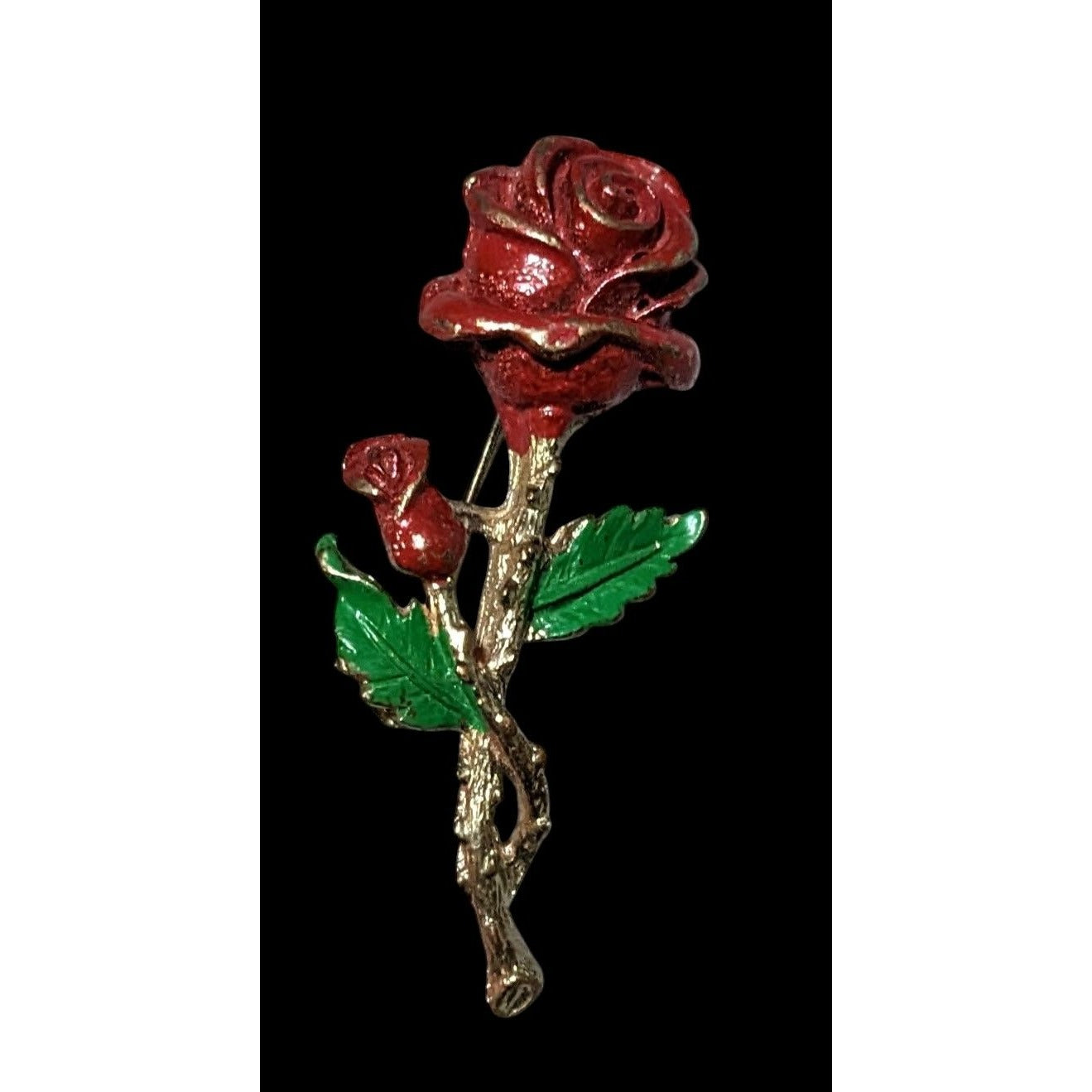 Vintage Red And Gold Enamel Rose  Brooch