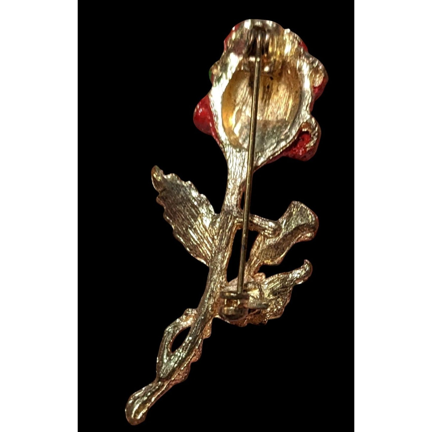 Vintage Red And Gold Enamel Rose  Brooch