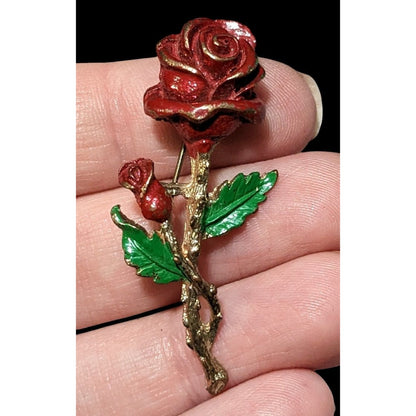 Vintage Red And Gold Enamel Rose  Brooch