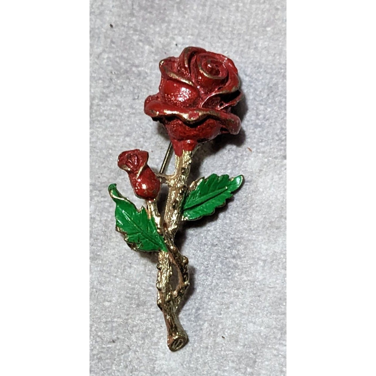 Vintage Red And Gold Enamel Rose  Brooch