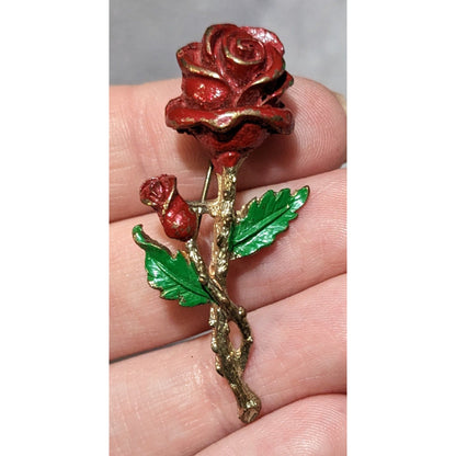 Vintage Red And Gold Enamel Rose  Brooch