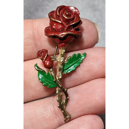 Vintage Red And Gold Enamel Rose  Brooch