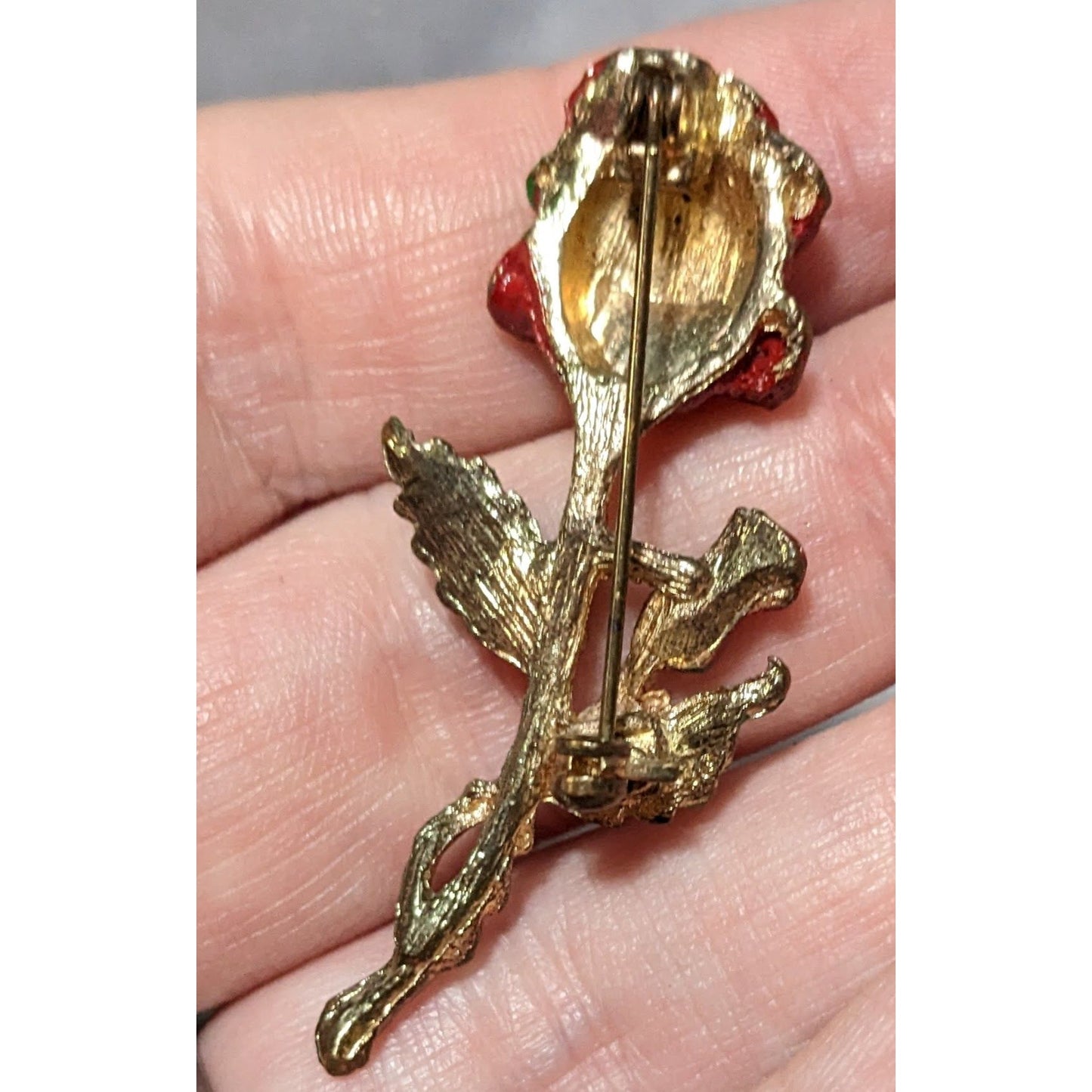 Vintage Red And Gold Enamel Rose  Brooch