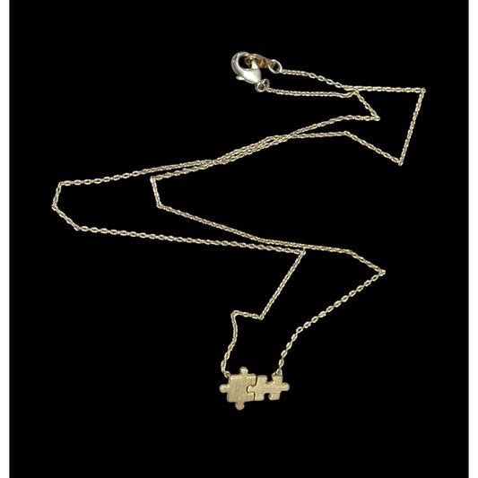 Minimalist Dainty Puzzle Piece Pendant Necklace Gold Tone With Two Interlocked Pieces