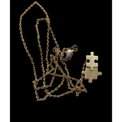 Minimalist Dainty Puzzle Piece Pendant Necklace Gold Tone With Two Interlocked Pieces