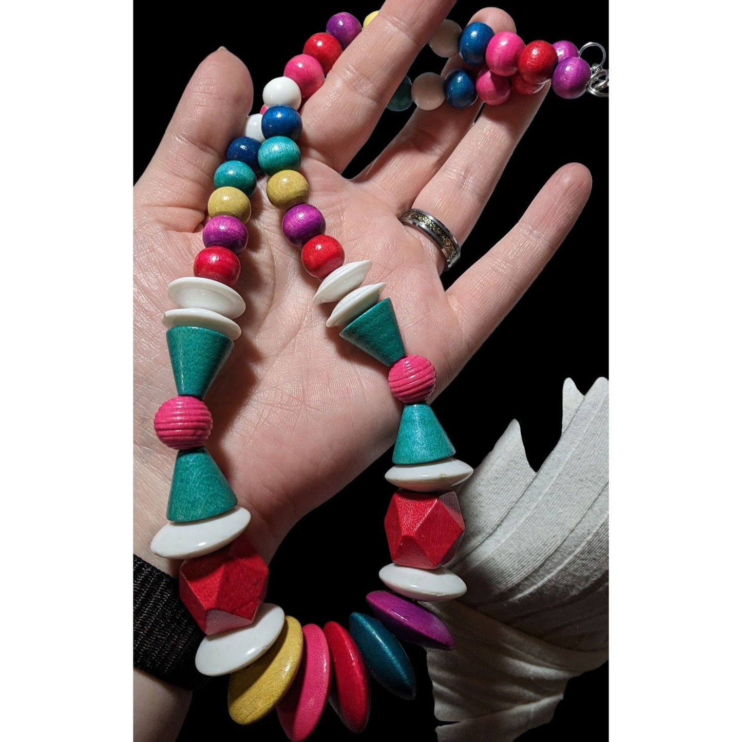 Vintage Rainbow Wood Beaded Statement Necklace