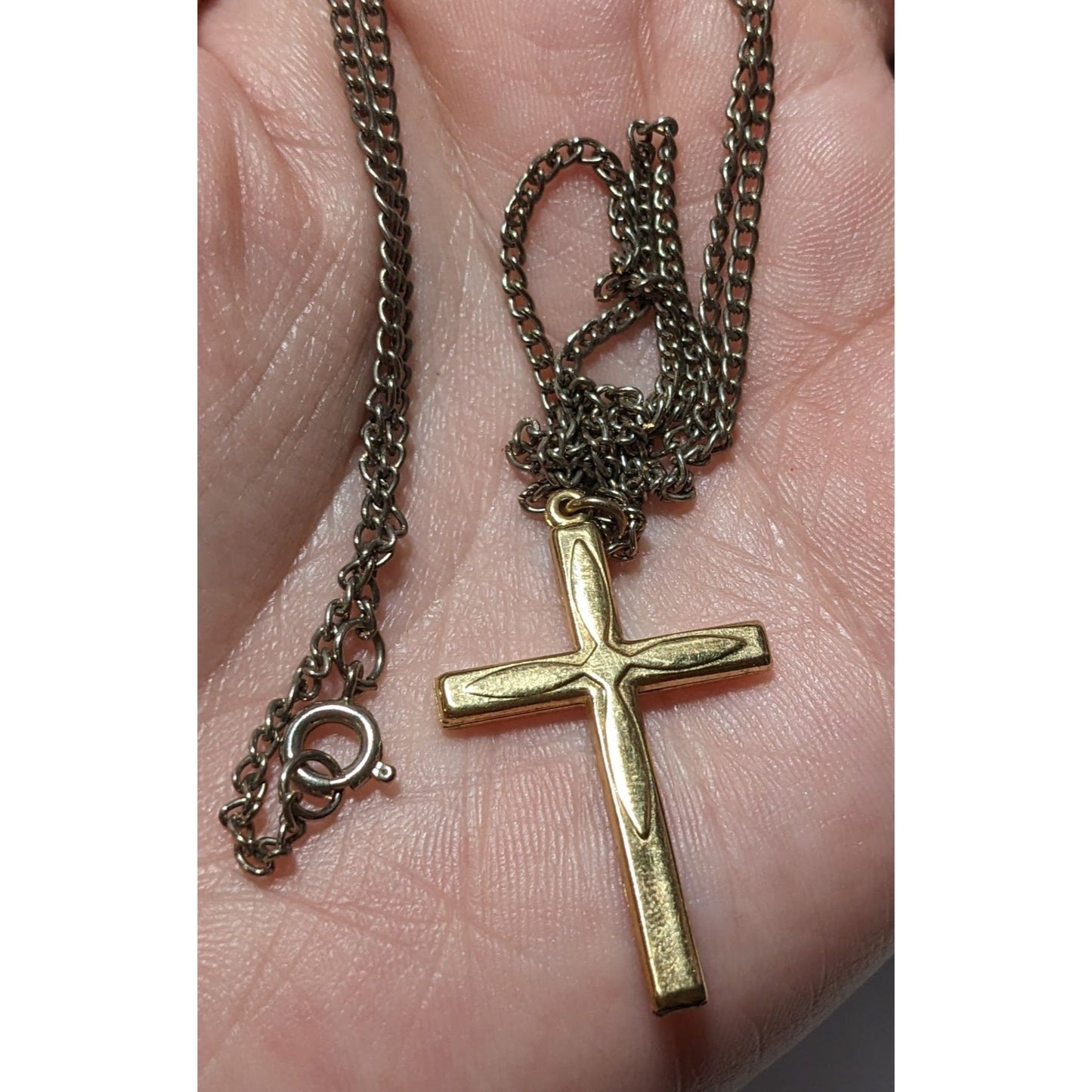 Gold Puffed Embossed Long Cross Necklace