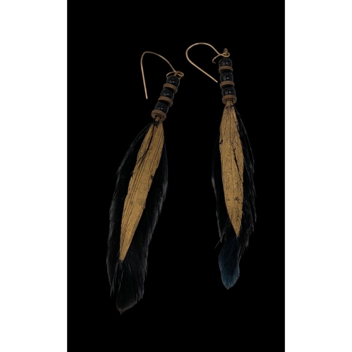 Vintage Real Feather Earrings Black Gold Hand Painted Boho Festival Western