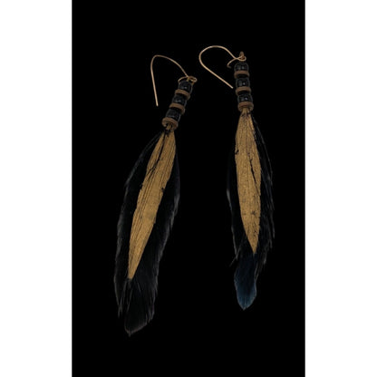 Vintage Real Feather Earrings Black Gold Hand Painted Boho Festival Western
