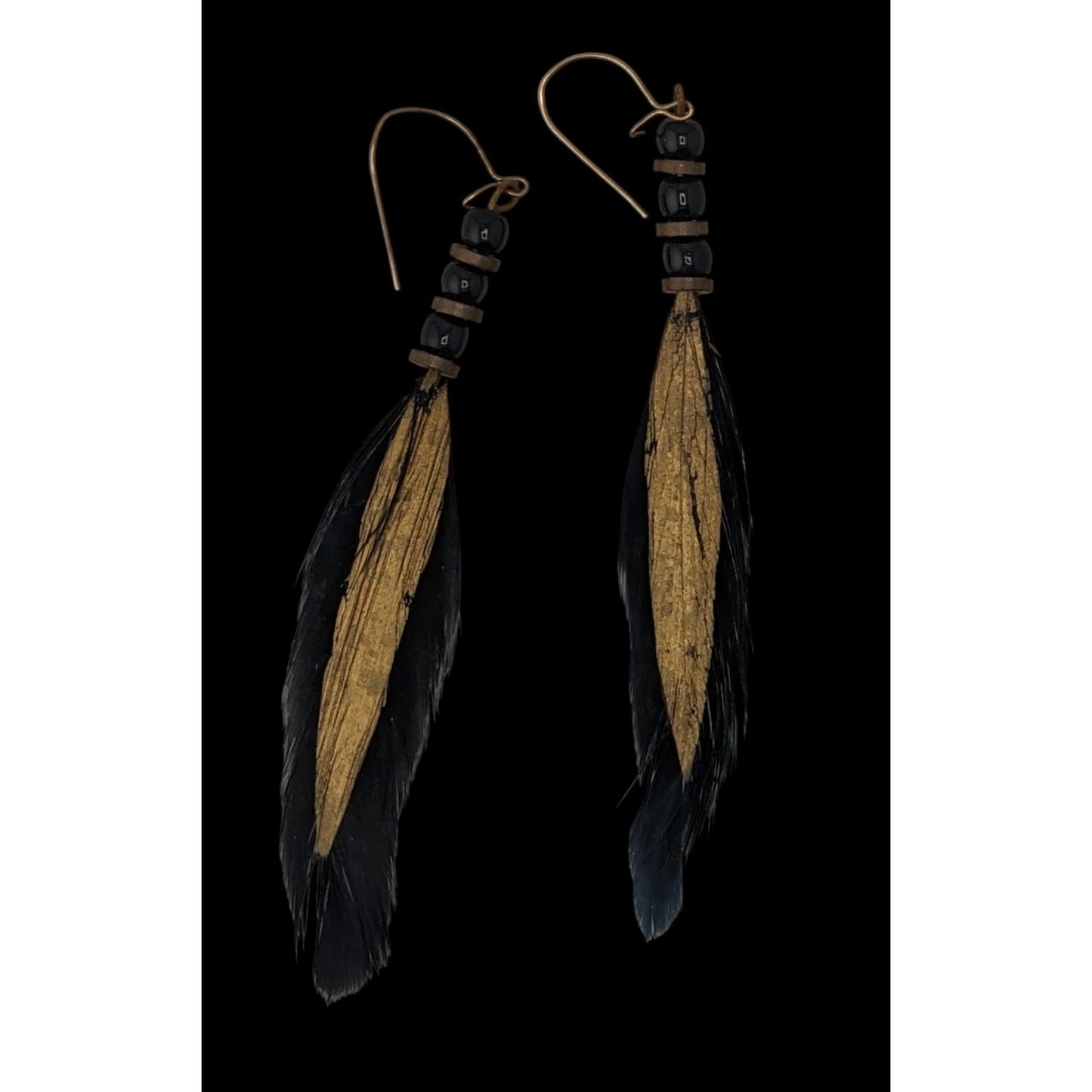 Vintage Real Feather Earrings Black Gold Hand Painted Boho Festival Western