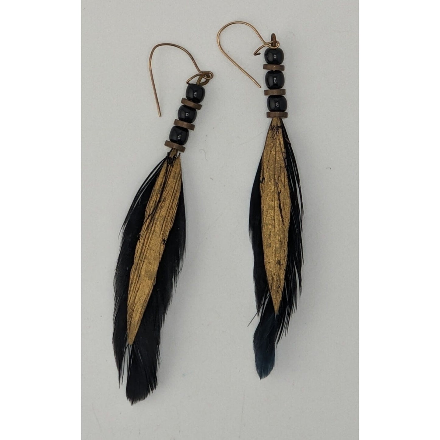 Vintage Real Feather Earrings Black Gold Hand Painted Boho Festival Western