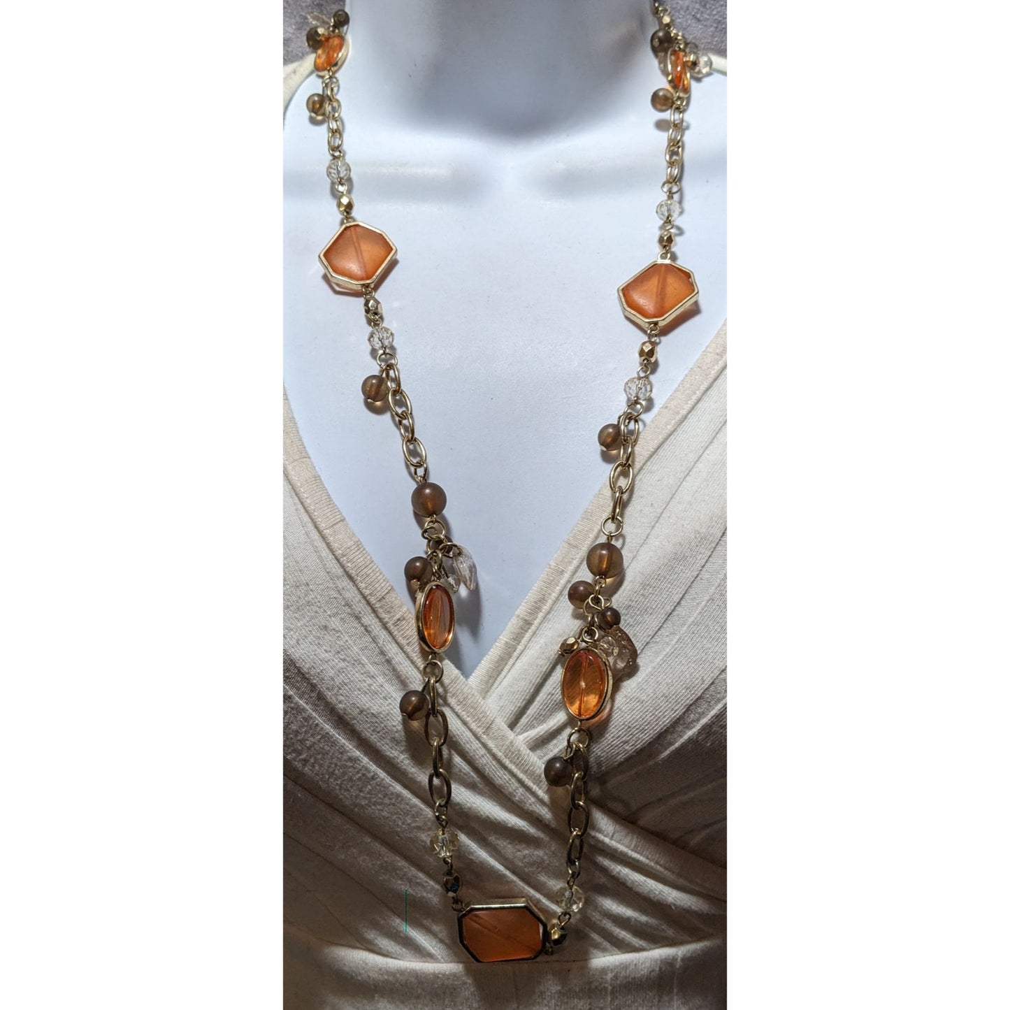 Retro Orange And Gold Glass Charm Necklace