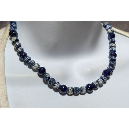 Retro Blue And White Beaded Cord Necklace