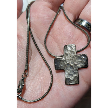 Vintage Sterling Silver Hammered Oxidized Cross Necklace