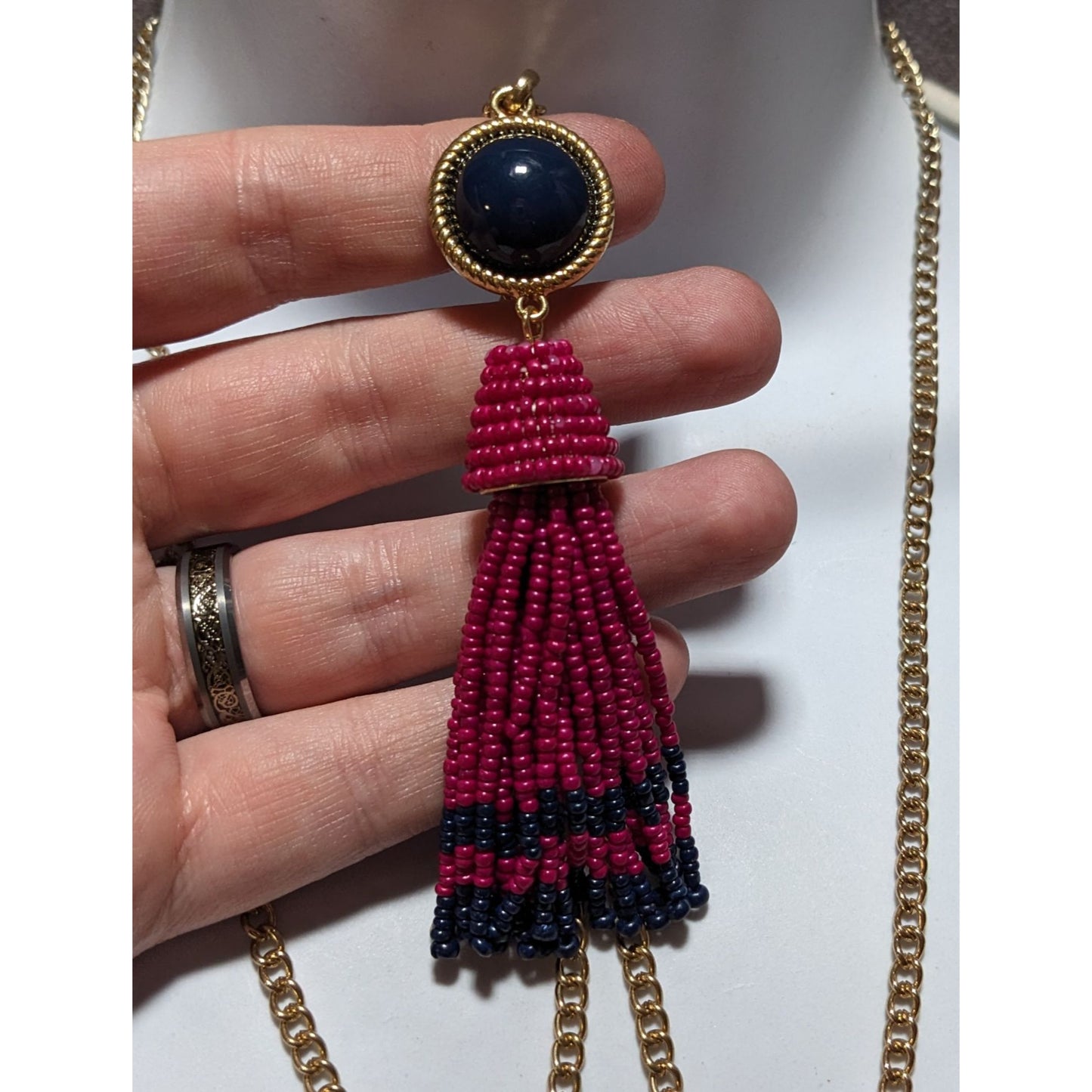 Talbots Pink And Blue Beaded Tassel Necklace