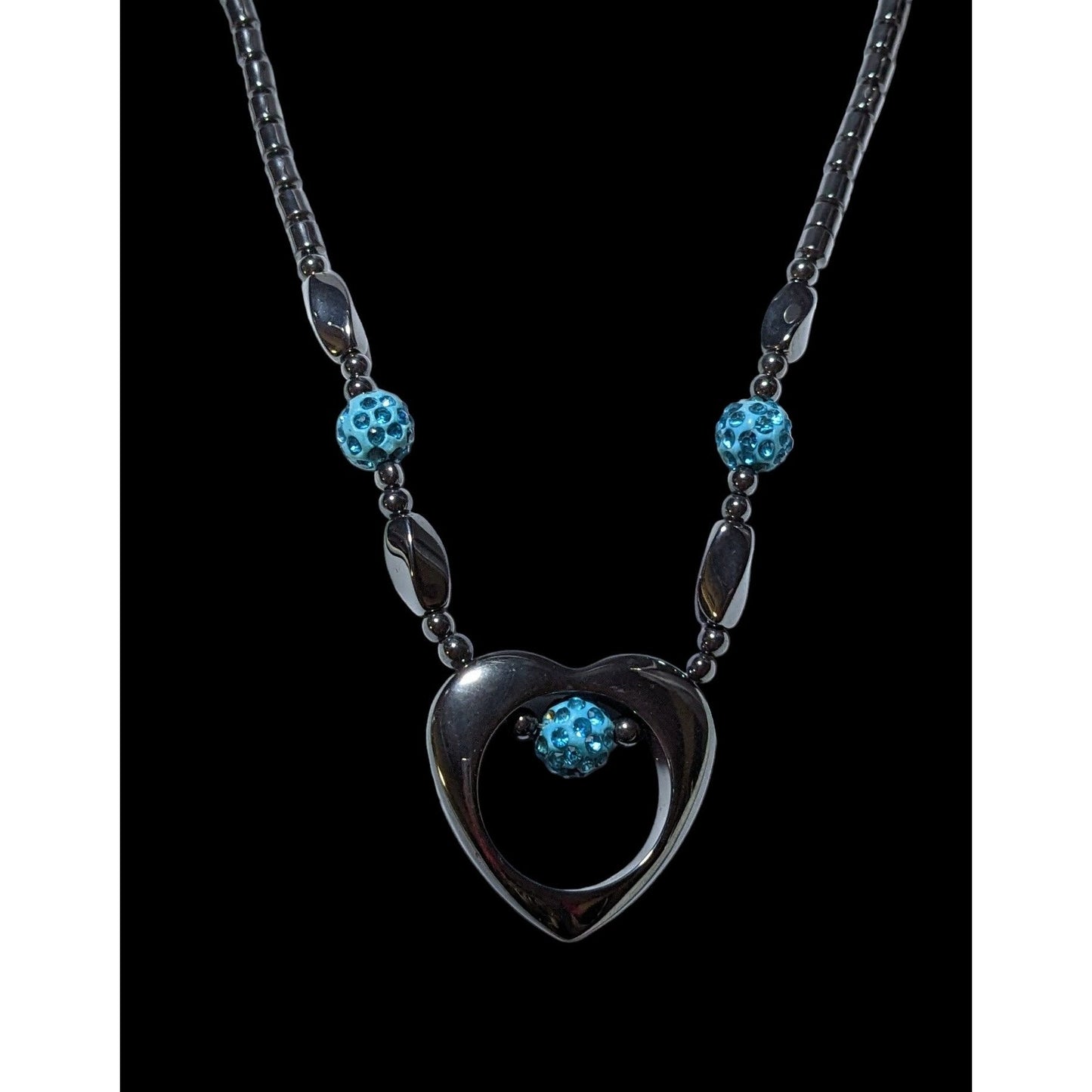 Hematite Open Heart Beaded Pendant Necklace