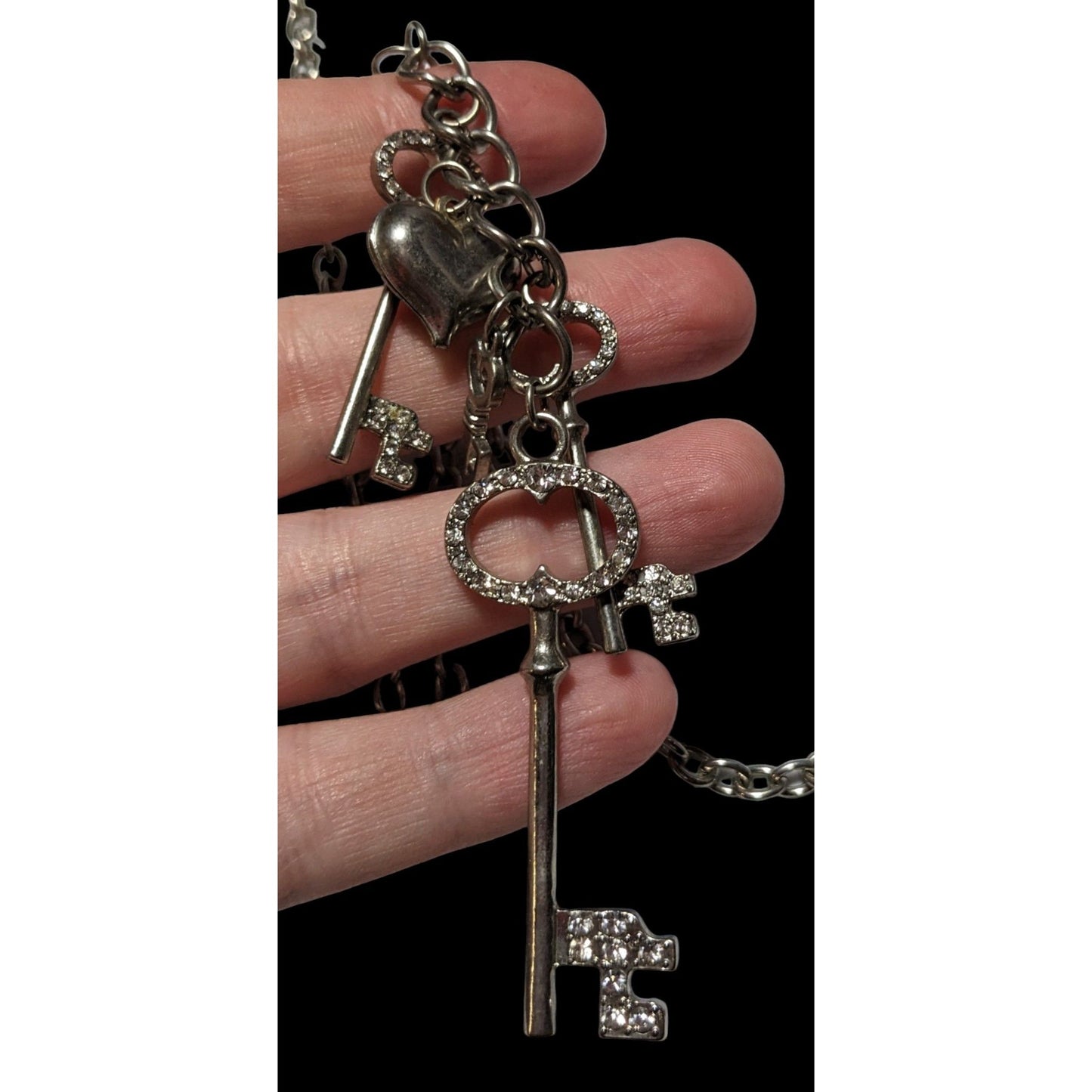 Silver Rhinestone Key Charm Cluster Necklace