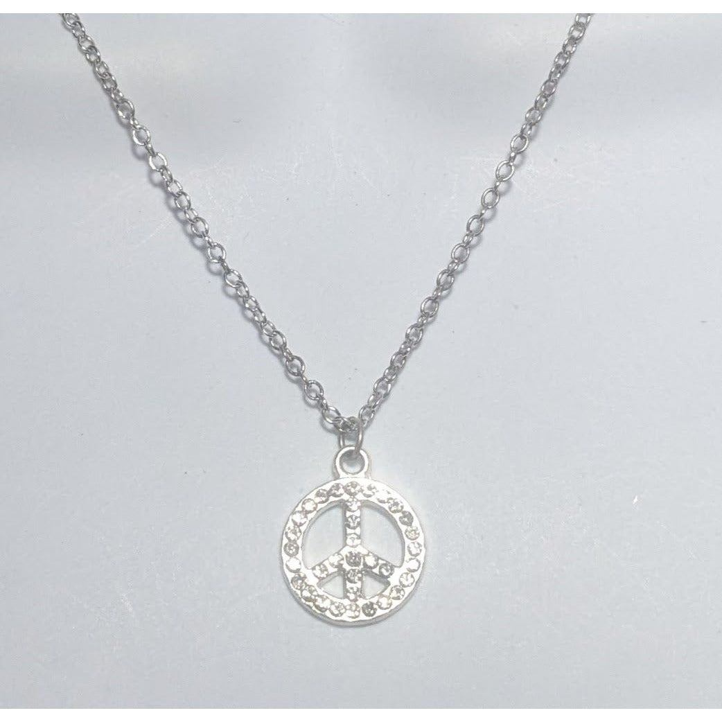 Silver Rhinestone Peace Sign Necklace