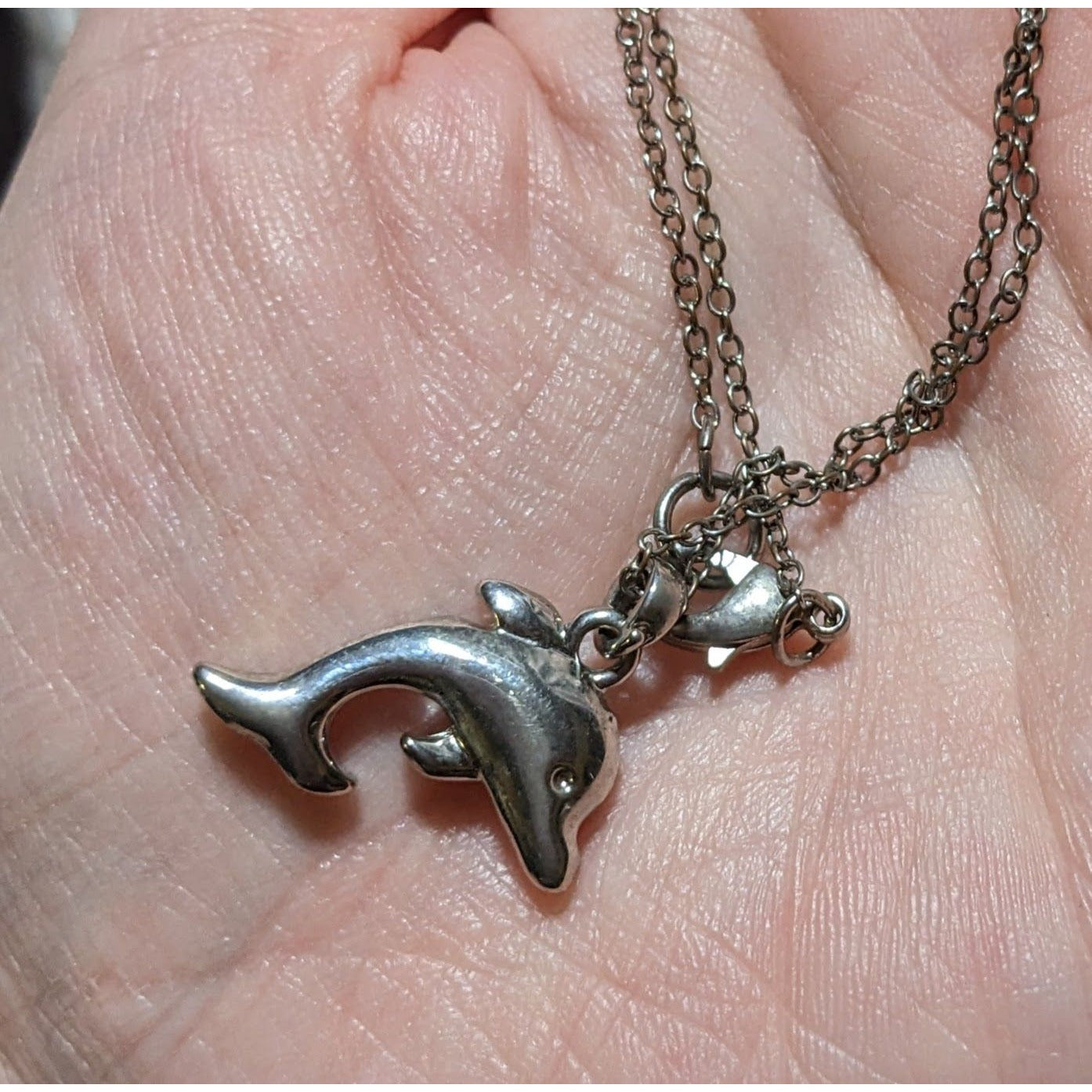 Reversible Silver Rhinestone Dolphin Necklace