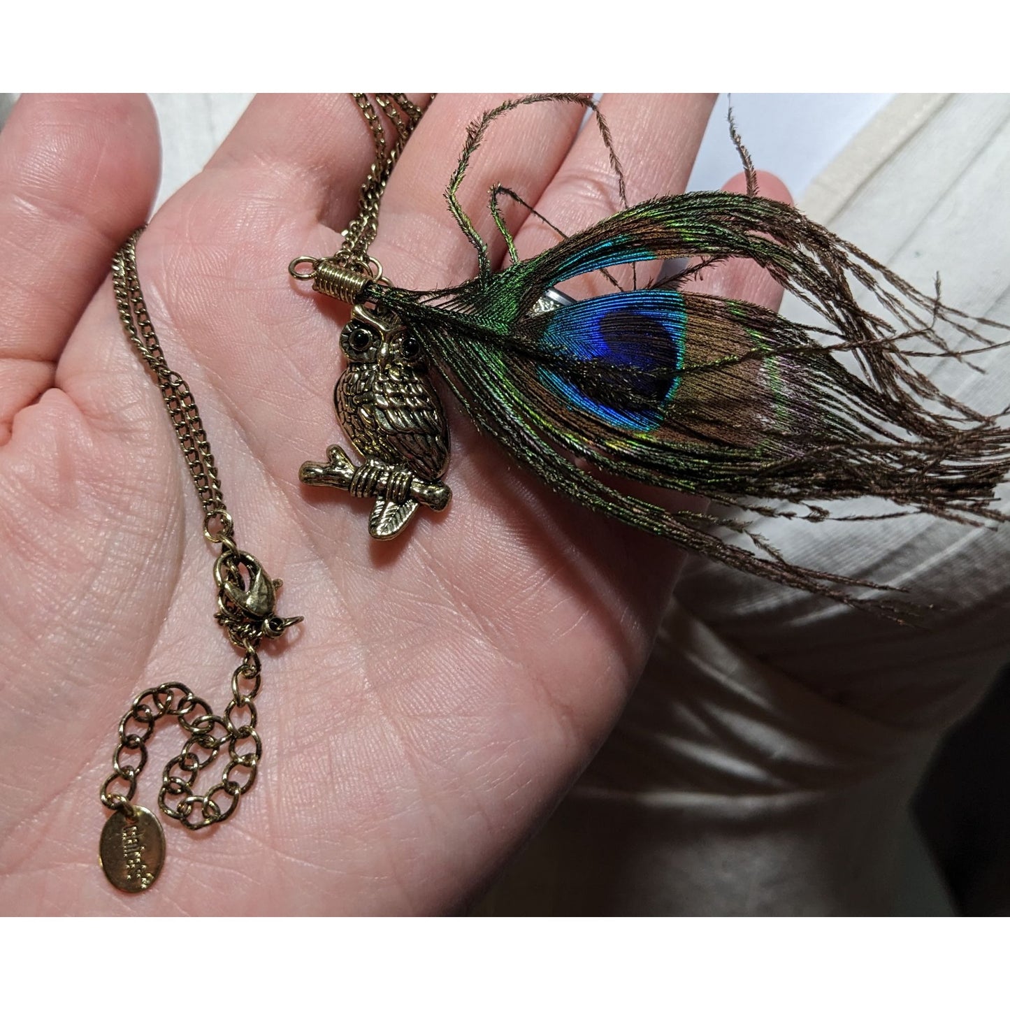 Peacock Feather Owl Charm Necklace