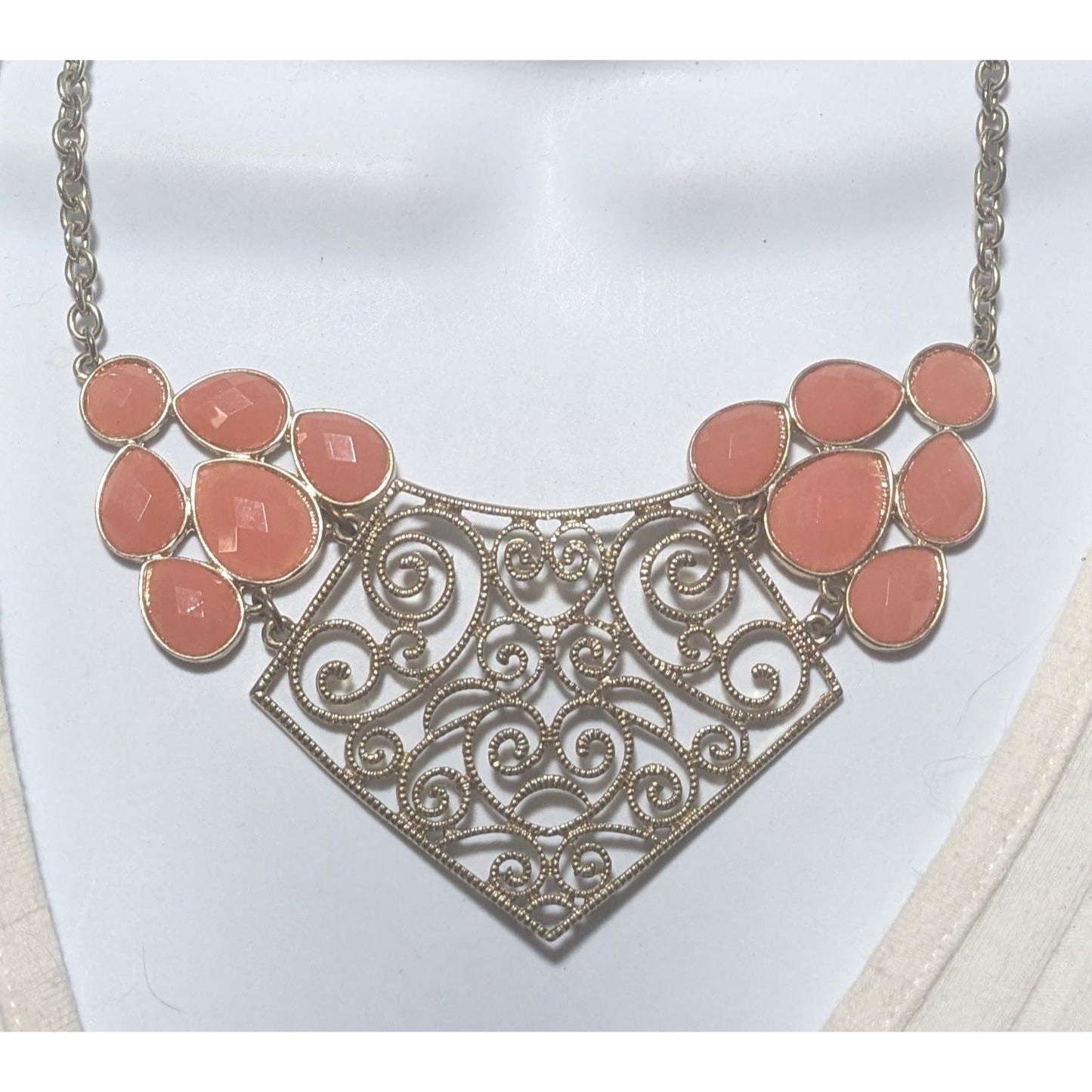 Vintage Gold Tone Filigree Bib Necklace With Orange Stones