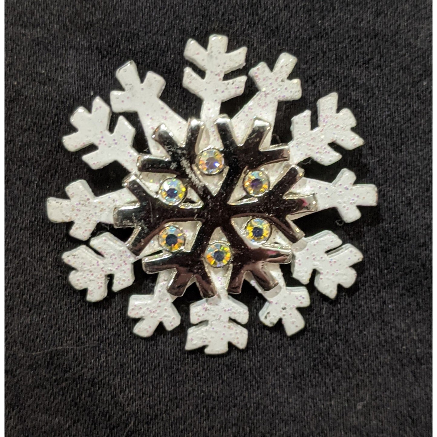 Vintage Silver Tone And White Snowflake Brooch