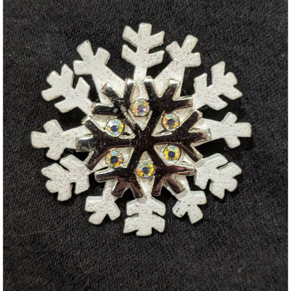Vintage Silver Tone And White Snowflake Brooch