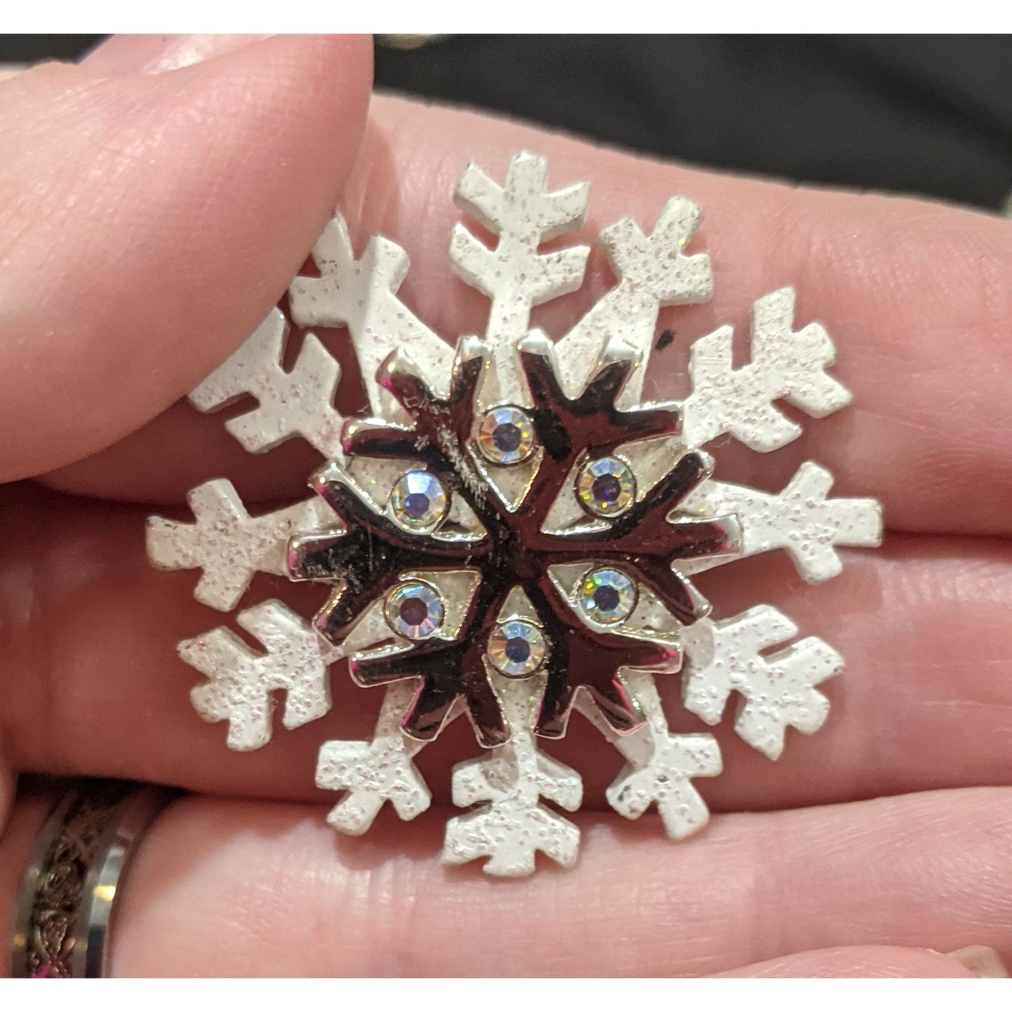 Vintage Silver Tone And White Snowflake Brooch