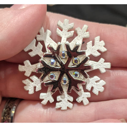 Vintage Silver Tone And White Snowflake Brooch