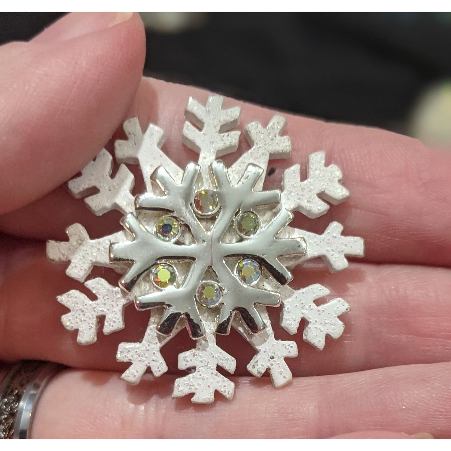 Vintage Silver Tone And White Snowflake Brooch