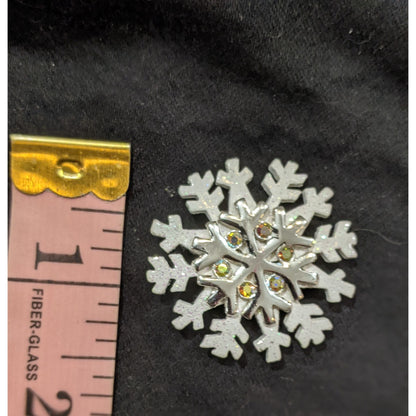 Vintage Silver Tone And White Snowflake Brooch