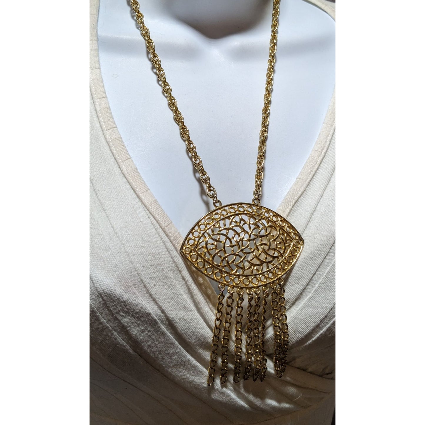 Gold Fringe Open Floral Medallion Necklace