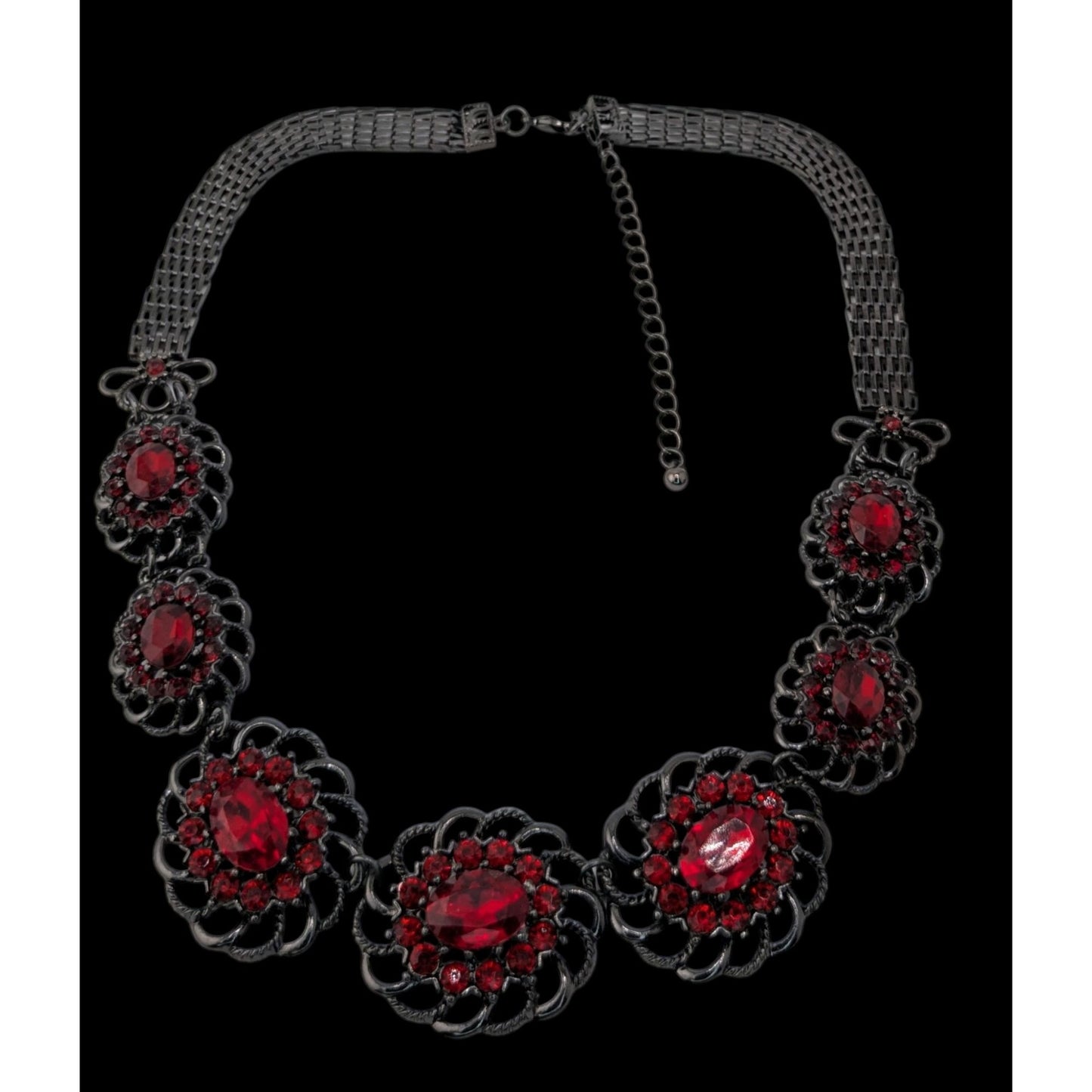 Gothic Vampire Red Rhinestone Statement Necklace Goth Floral Bib