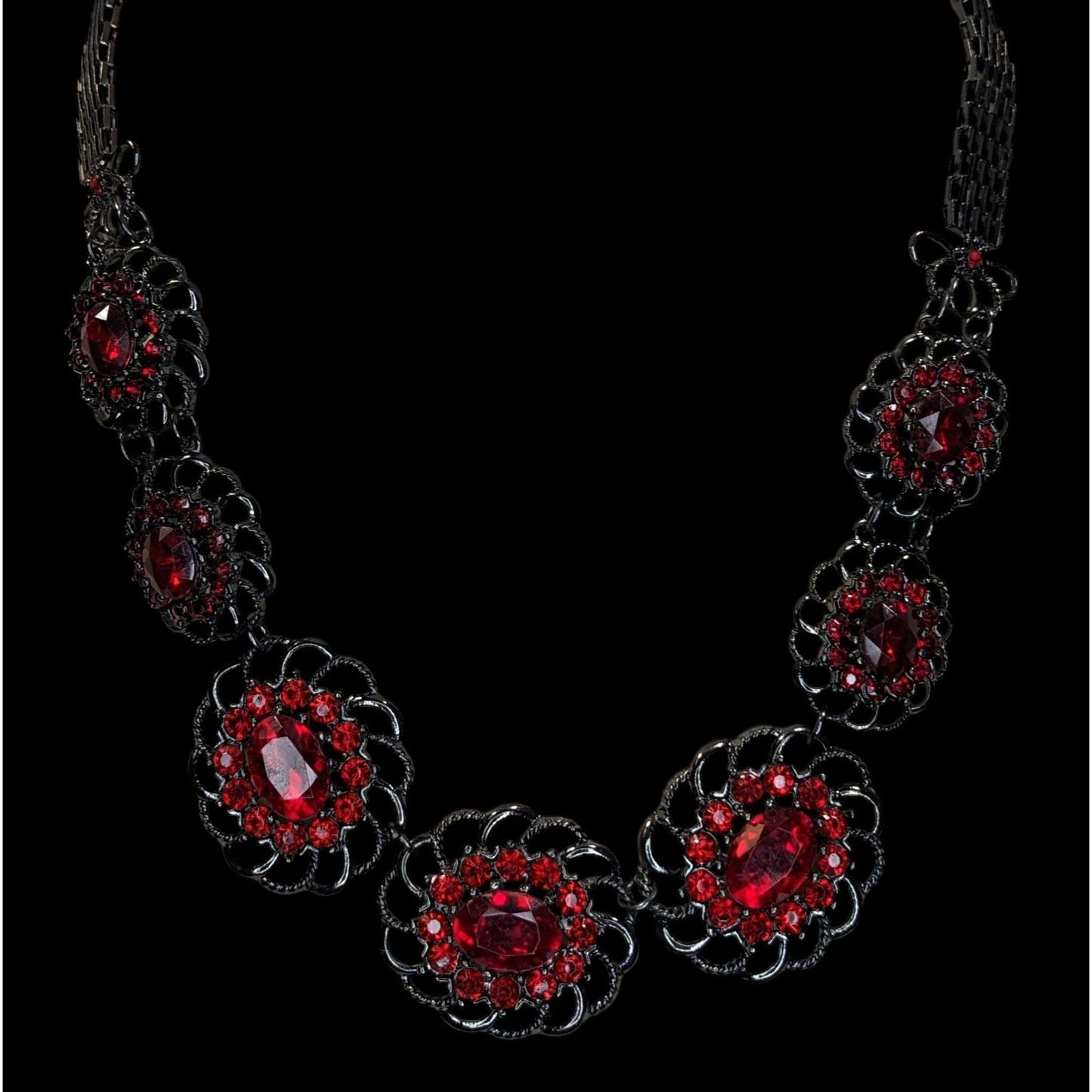 Gothic Vampire Red Rhinestone Statement Necklace Goth Floral Bib
