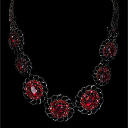 Gothic Vampire Red Rhinestone Statement Necklace Goth Floral Bib