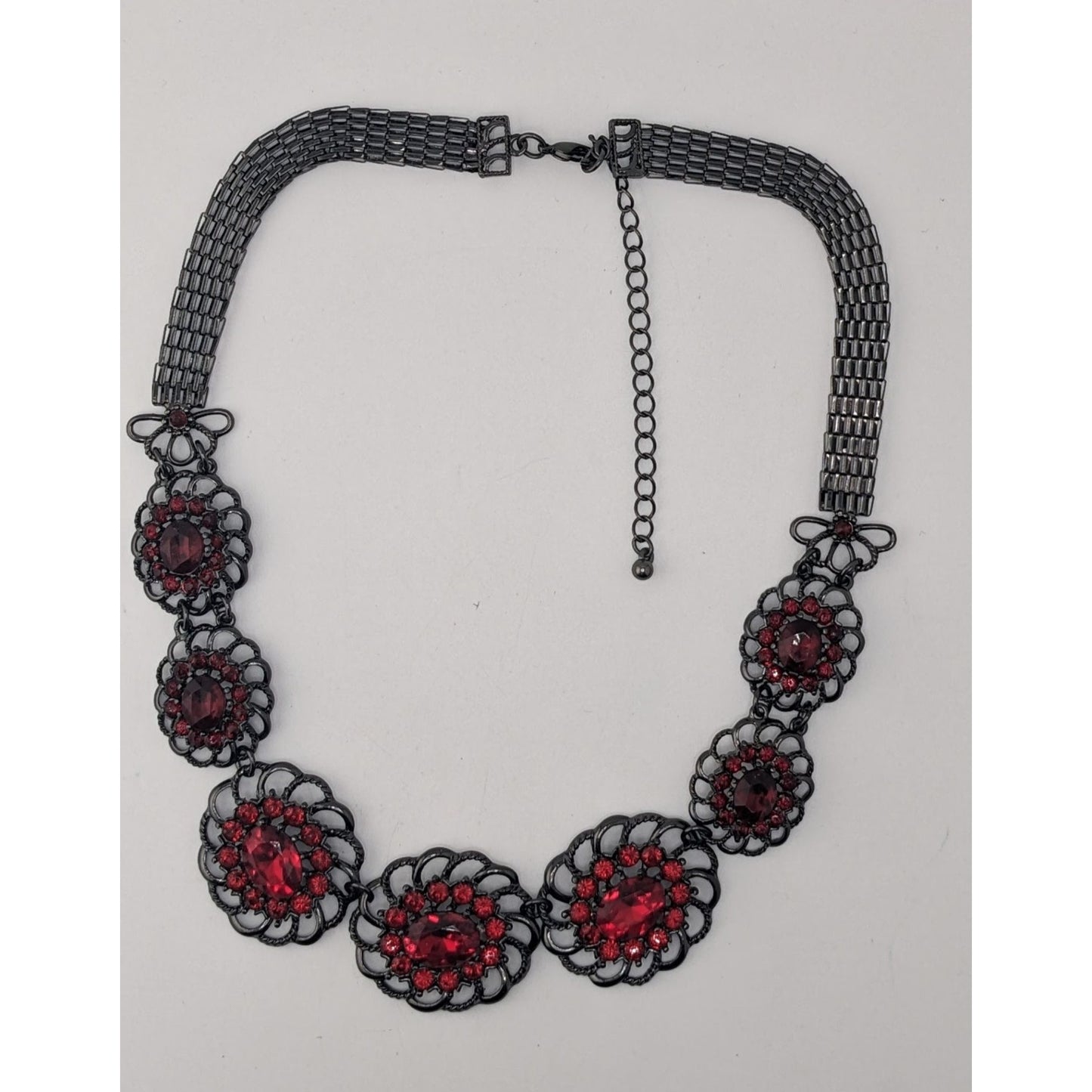 Gothic Vampire Red Rhinestone Statement Necklace Goth Floral Bib