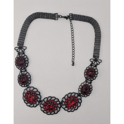 Gothic Vampire Red Rhinestone Statement Necklace Goth Floral Bib