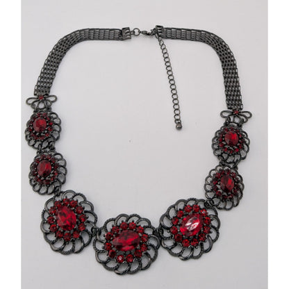 Gothic Vampire Red Rhinestone Statement Necklace Goth Floral Bib