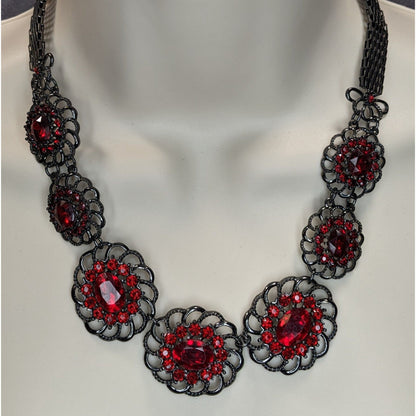 Gothic Vampire Red Rhinestone Statement Necklace Goth Floral Bib
