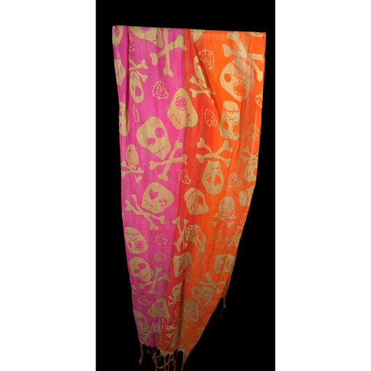 Gothic Voodoo Pink And Orange Skull Print Scarf With Fringe And Bead Accents