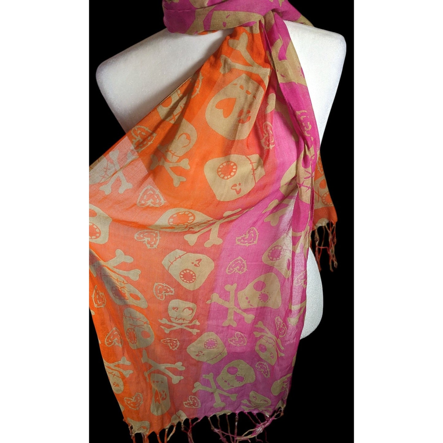 Gothic Voodoo Pink And Orange Skull Print Scarf With Fringe And Bead Accents