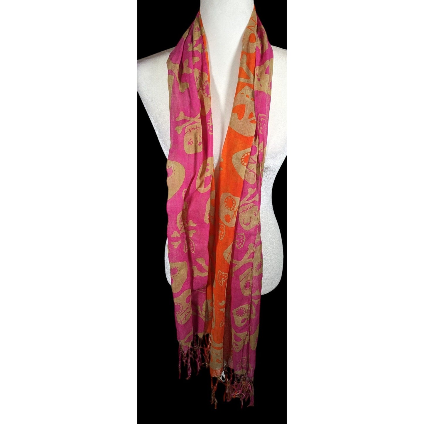 Gothic Voodoo Pink And Orange Skull Print Scarf With Fringe And Bead Accents